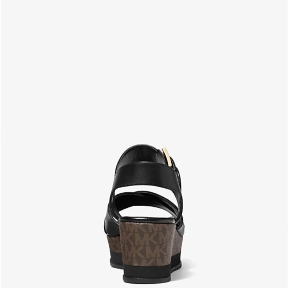 Michael Kors Neva Leather and Logo Wedge Sandal Black, Size 7.5 - Picture 3 of 3